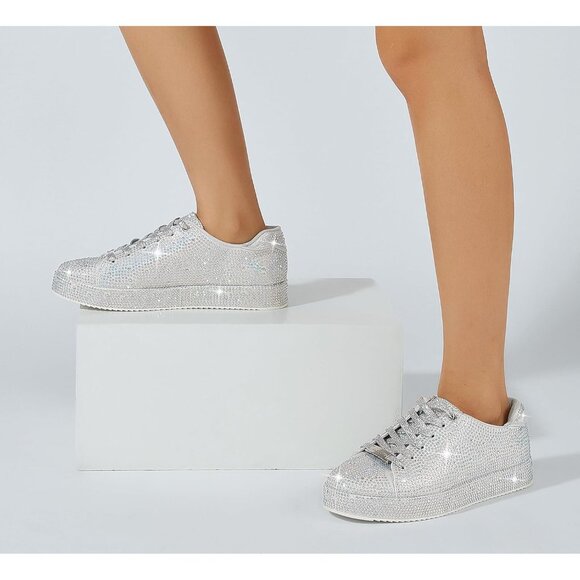 Women's Silver Platform Rhinestone Fashion Glitter Sneakers Sparkly Shiny Shoes - Picture 7 of 9